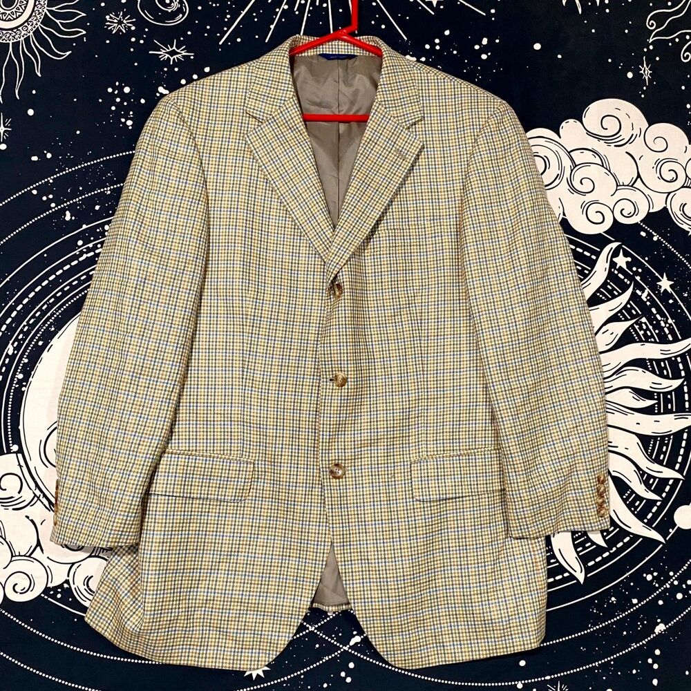 T. Harris Sport Coat Men's 42 Beige Silk Gingham Business Career Formal Academia